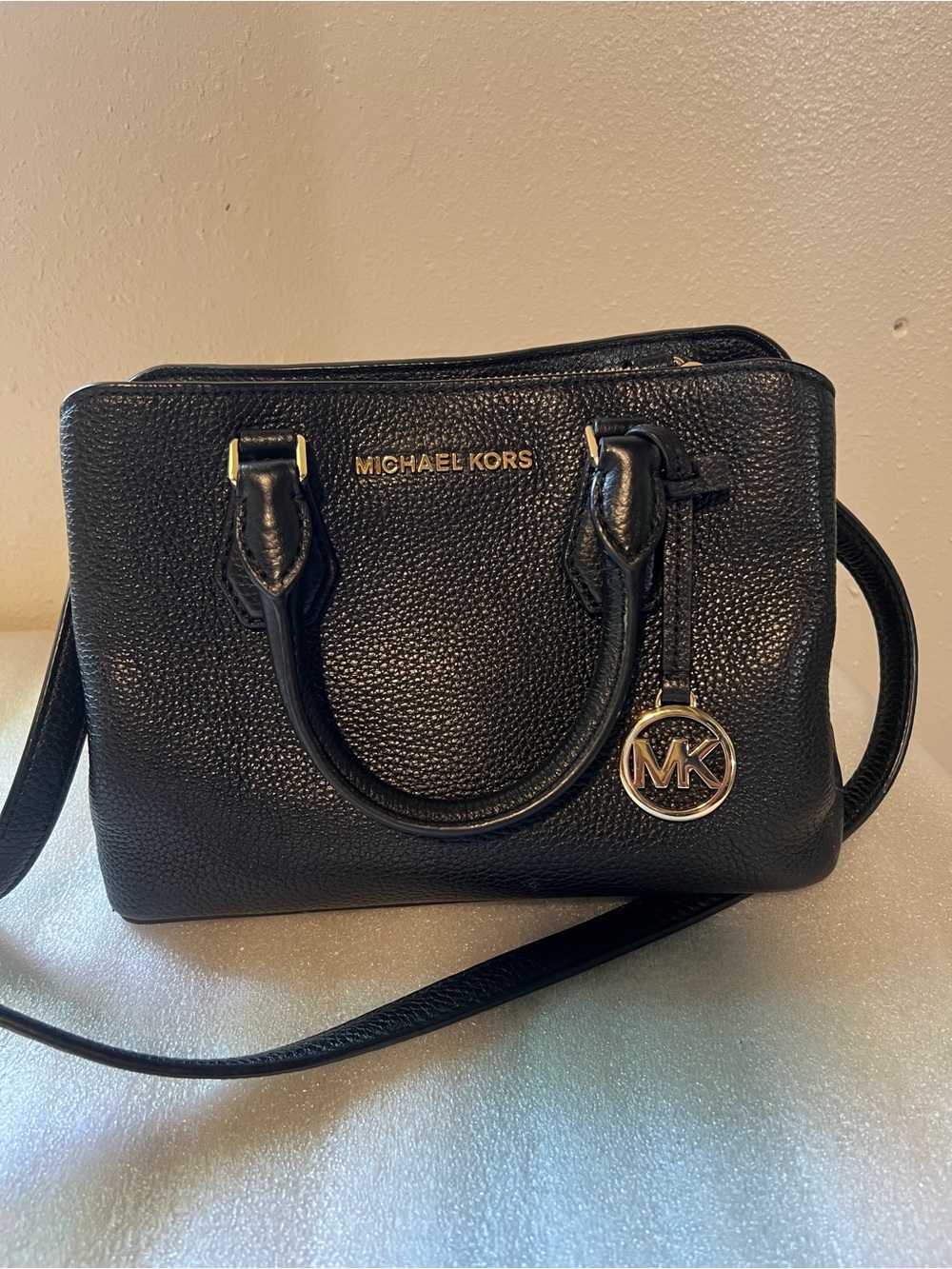 Michael Kors Black Pebbled Leather Mini Satchel with Gold Hardware
